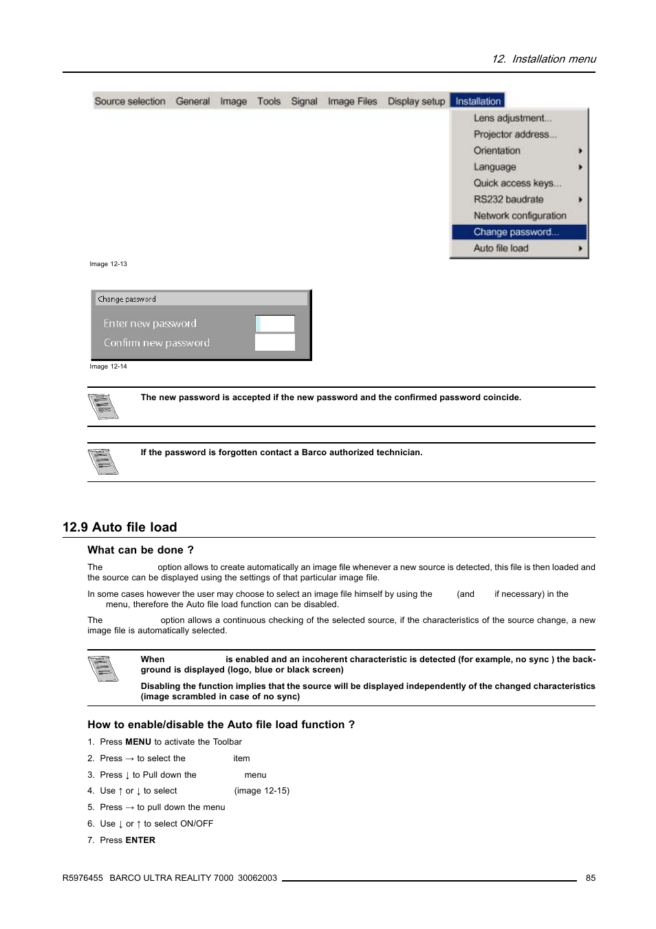 9 auto file load, 9auto file load, Auto file load | Installation menu | Barco ULTRA REALITY 7000 User Manual | Page 89 / 99