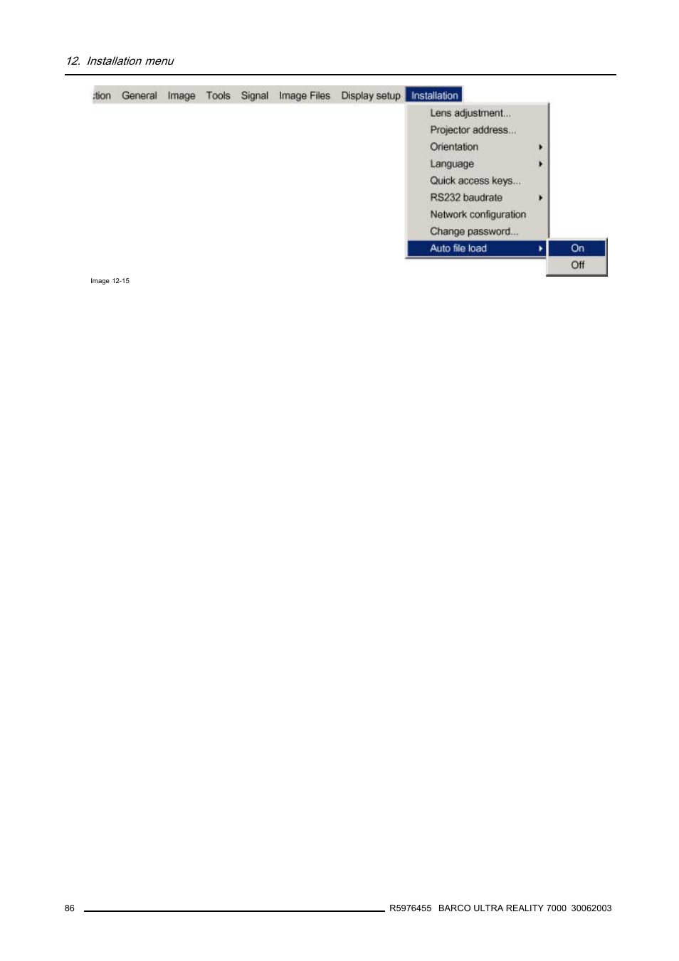 Installation menu | Barco ULTRA REALITY 7000 User Manual | Page 90 / 99