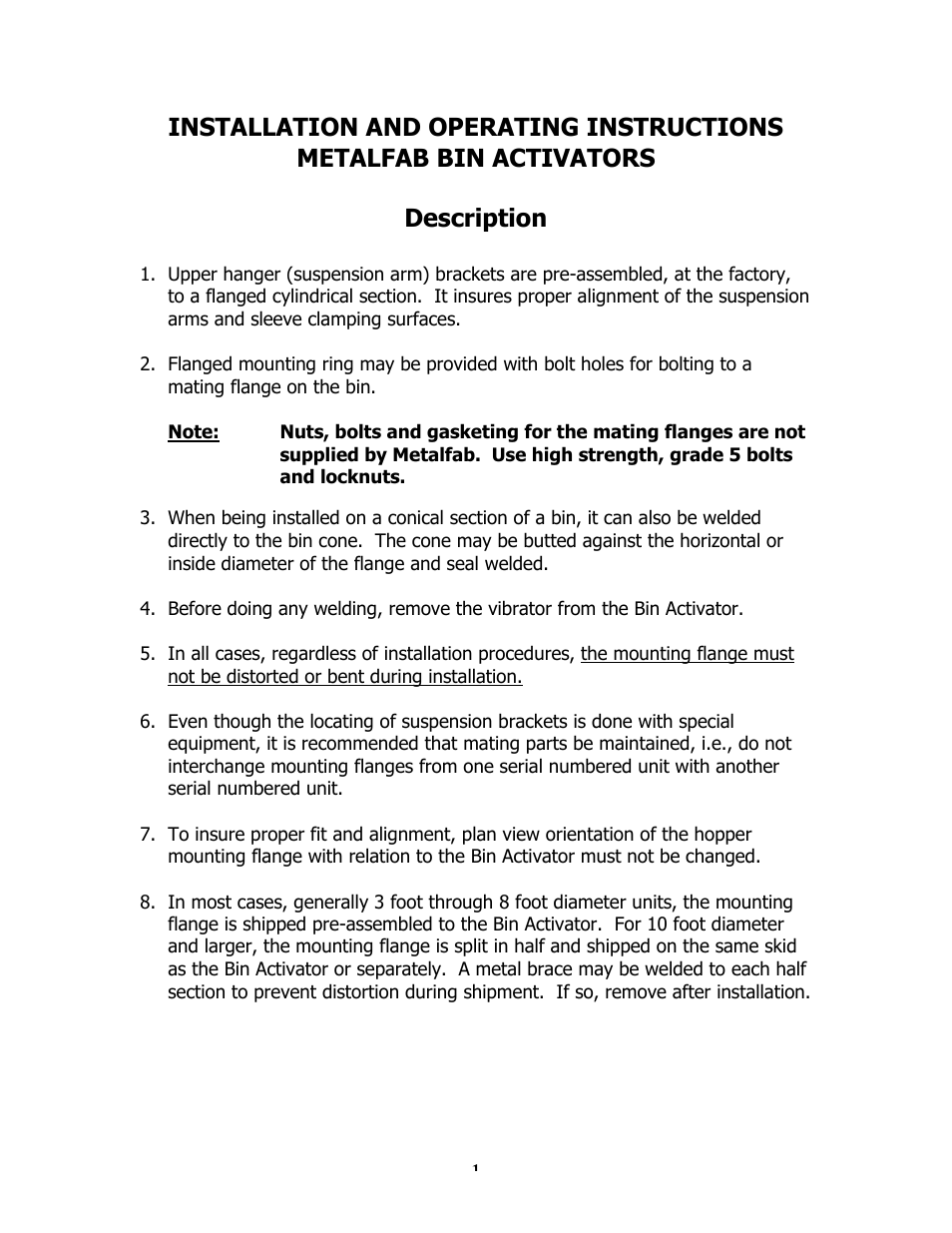 Metalfab Bin Activator User Manual | 6 pages