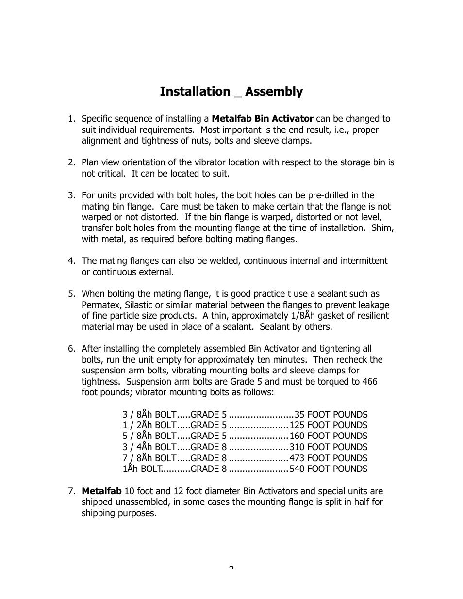 2installation _ assembly | Metalfab Bin Activator User Manual | Page 2 / 6