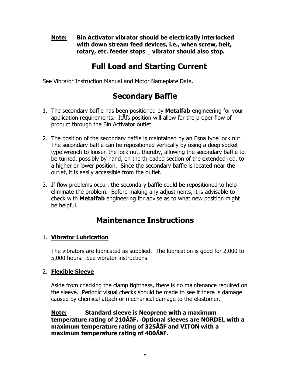 Full load and starting current, Secondary baffle, Maintenance instructions | Metalfab Bin Activator User Manual | Page 5 / 6