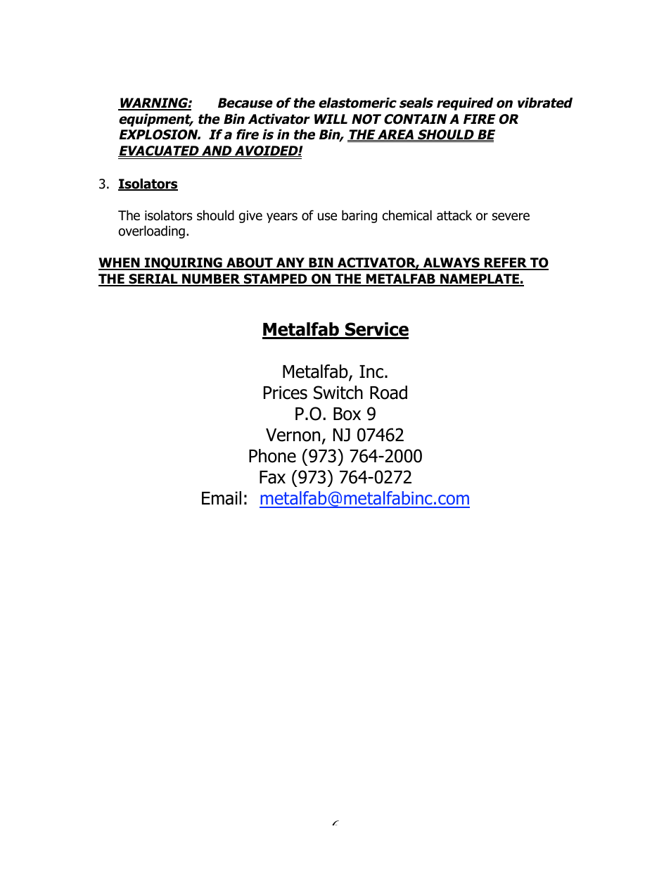 Metalfab Bin Activator User Manual | Page 6 / 6