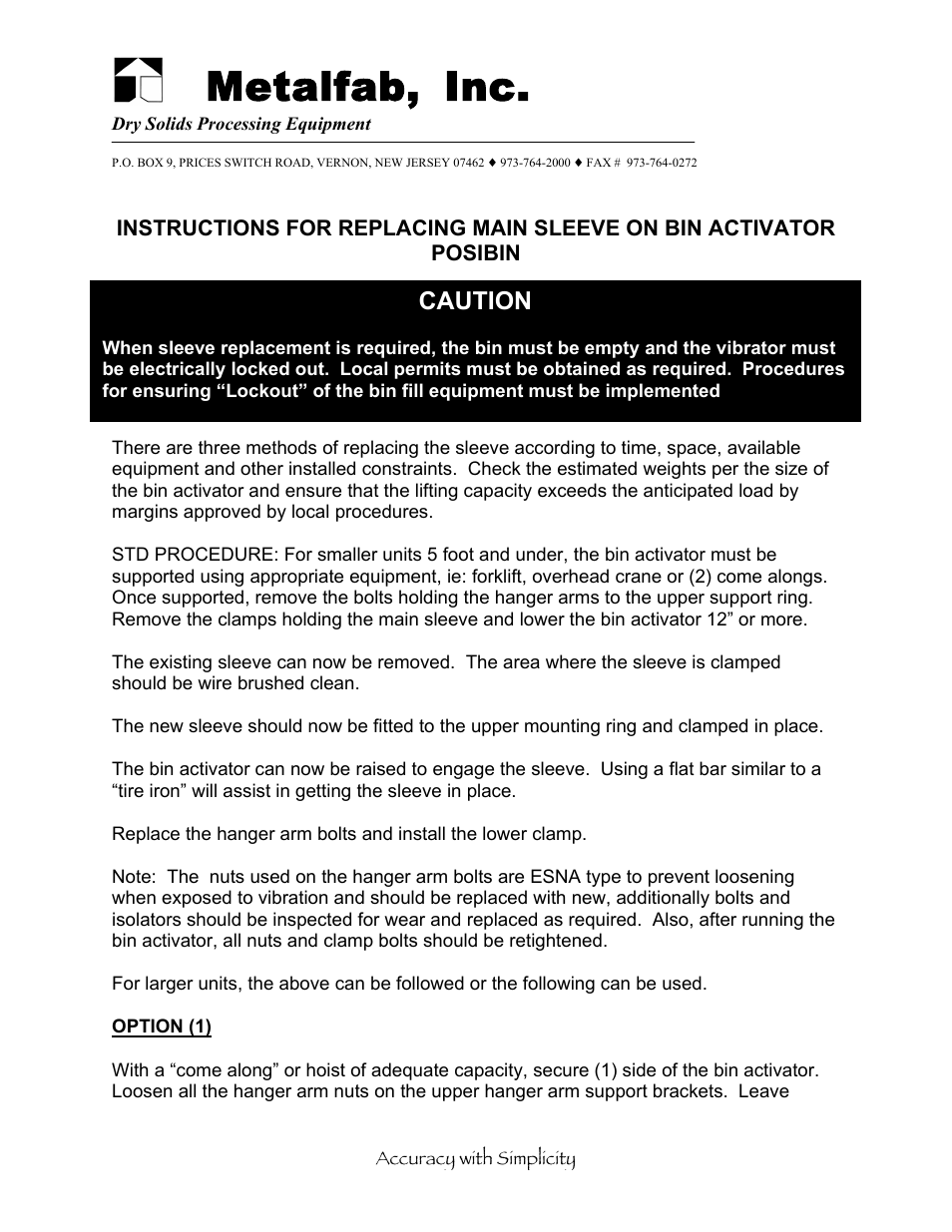 Metalfab Replacing Main Sleeve on Bin Activators Posibin User Manual | 2 pages