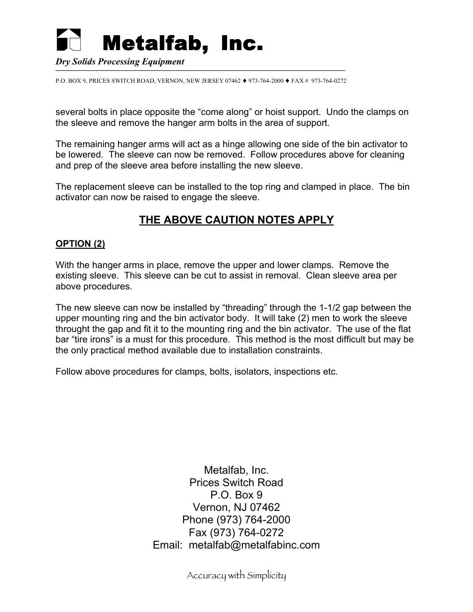 Metalfab, inc | Metalfab Replacing Main Sleeve on Bin Activators Posibin User Manual | Page 2 / 2