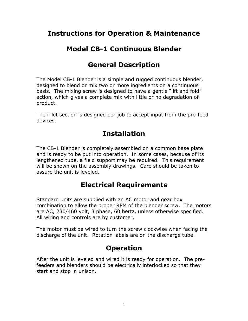 Metalfab Model CB-1 Continuous Blender User Manual | 2 pages