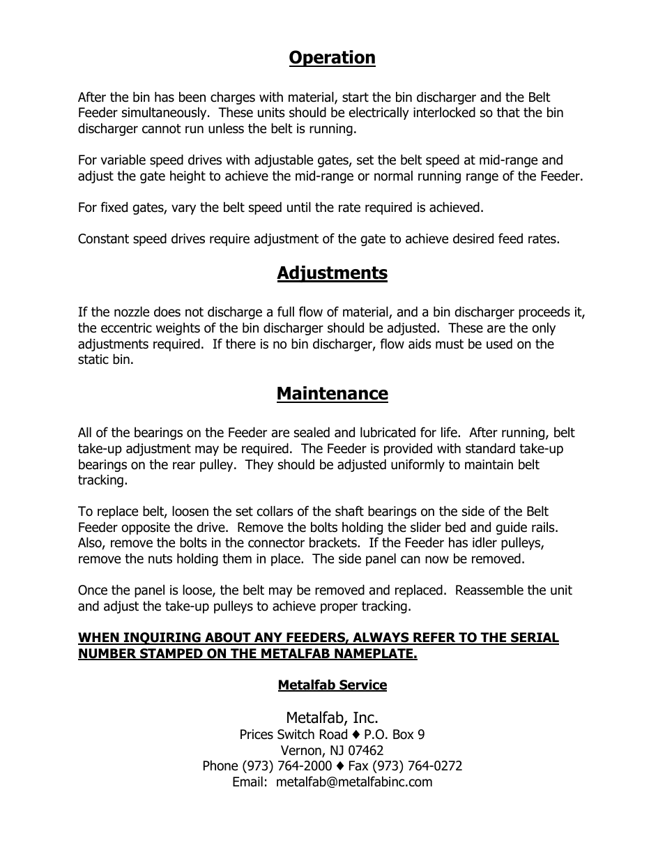 Operation, Adjustments, Maintenance | Metalfab Model APB Belt Feeder User Manual | Page 2 / 2