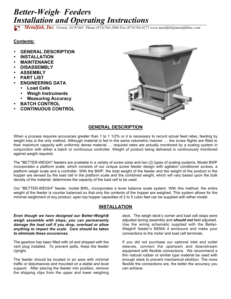 Metalfab Better-Weigh Feeders User Manual | 6 pages