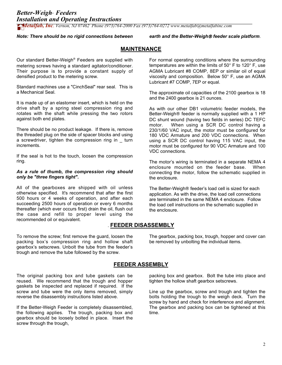 Better-weigh, Feeders installation and operating instructions | Metalfab Better-Weigh Feeders User Manual | Page 2 / 6