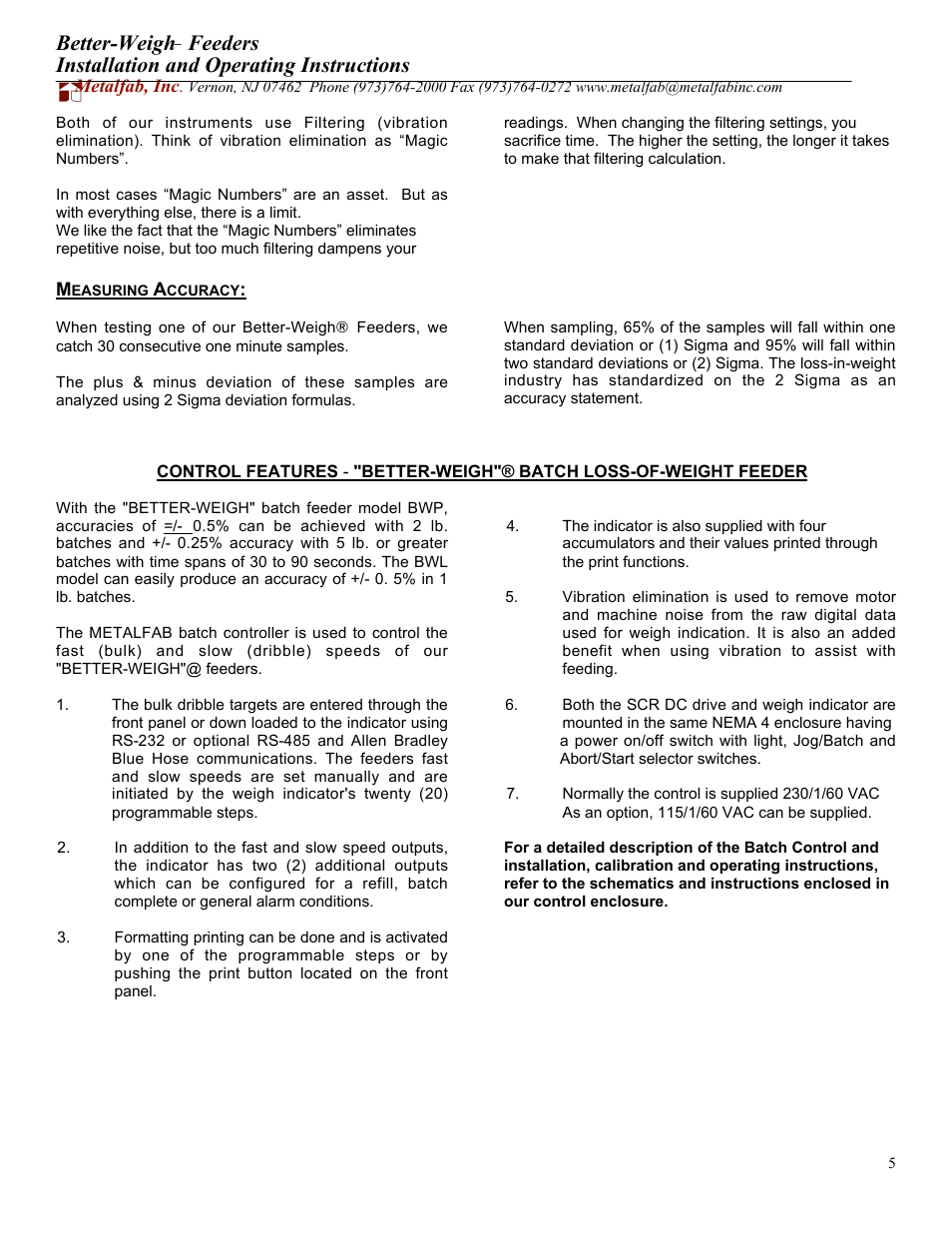 Better-weigh, Feeders installation and operating instructions | Metalfab Better-Weigh Feeders User Manual | Page 5 / 6