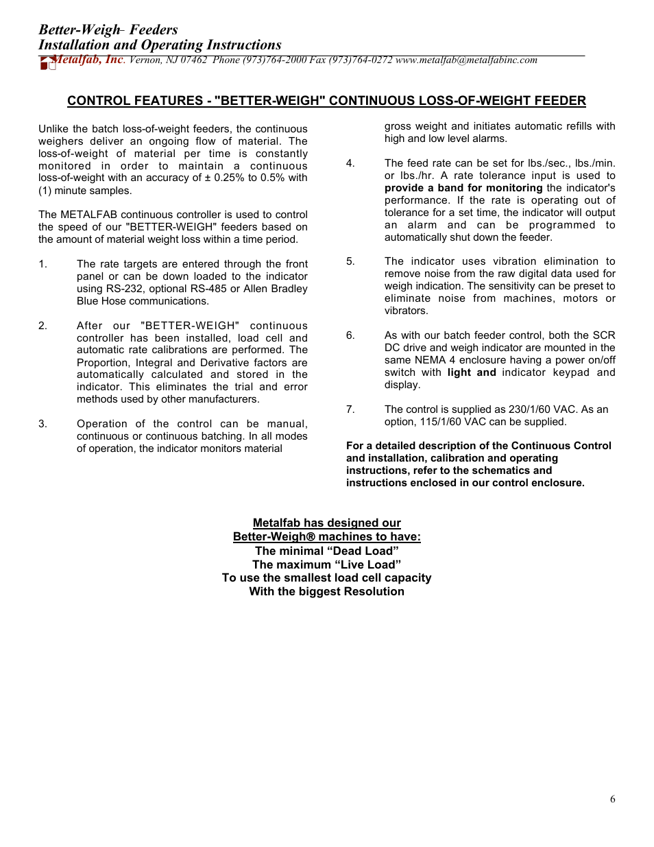 Better-weigh, Feeders installation and operating instructions | Metalfab Better-Weigh Feeders User Manual | Page 6 / 6