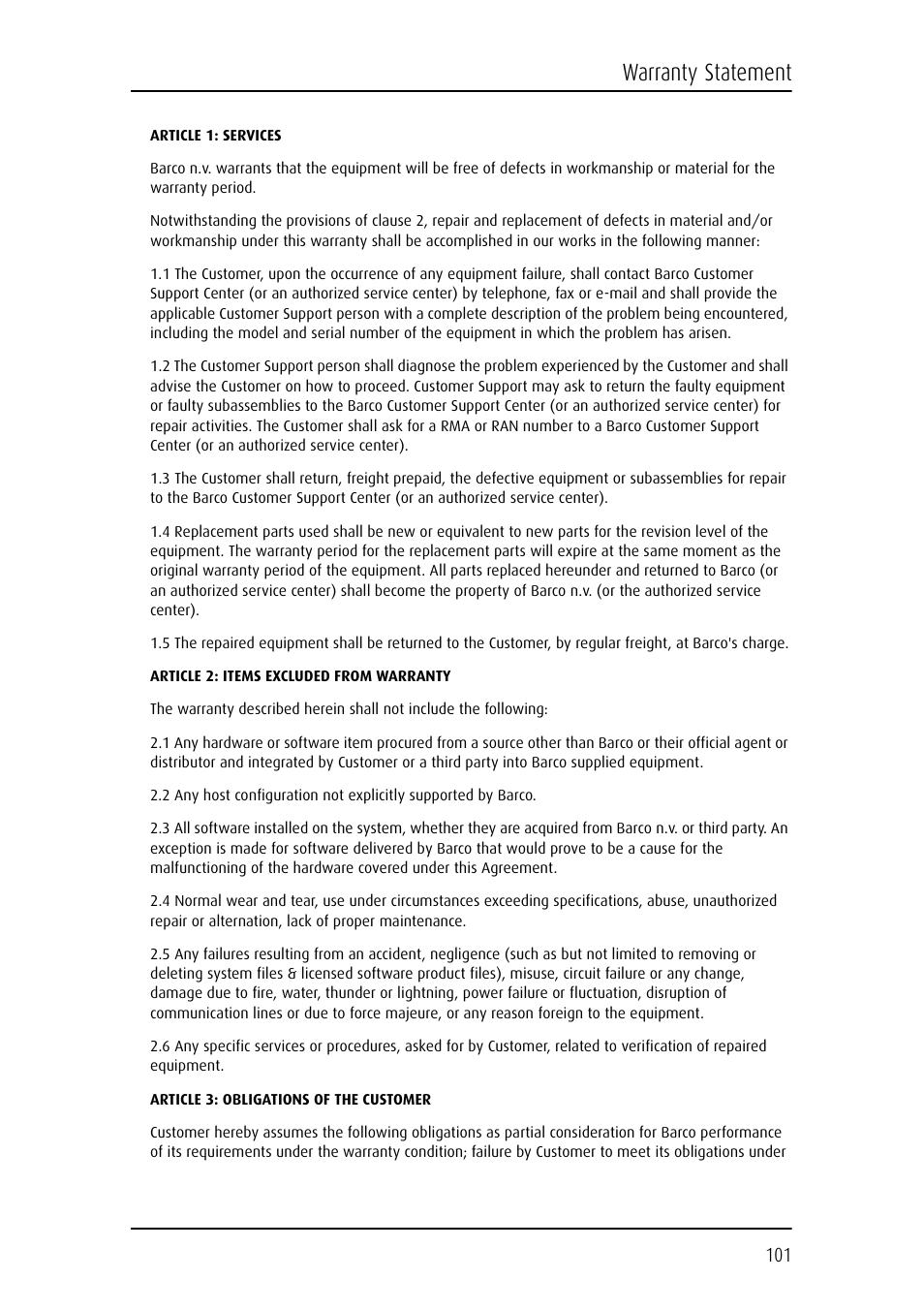 Warranty statement | Barco E-2320 C (SE) User Manual | Page 101 / 104