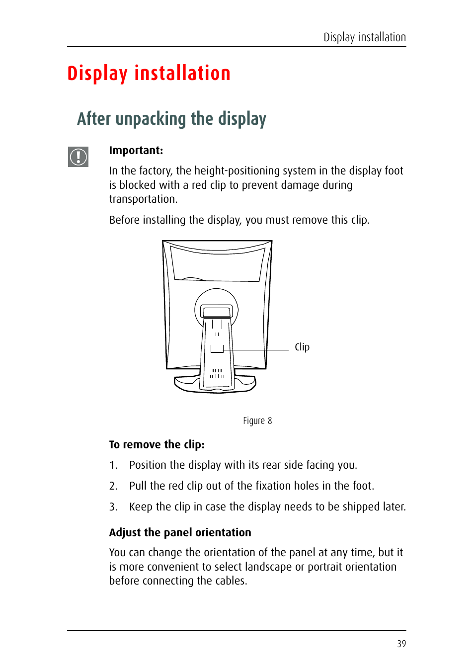 Display installation, After unpacking the display | Barco E-2320 C (SE) User Manual | Page 39 / 104