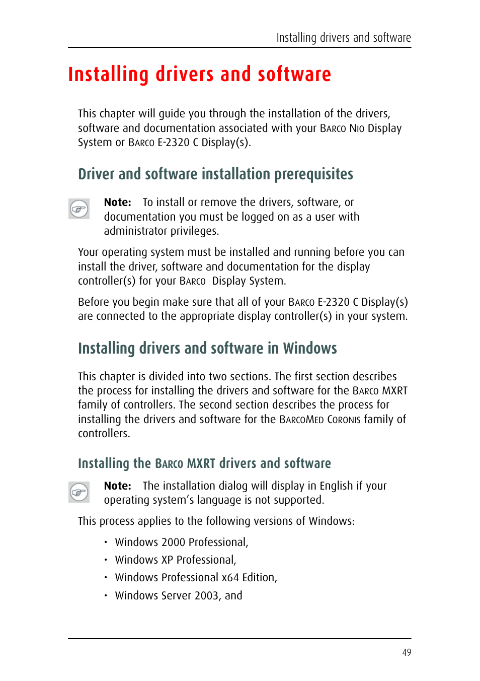 Installing drivers and software, Driver and software installation prerequisites, Installing drivers and software in windows | Installing the b, Mxrt drivers and software | Barco E-2320 C (SE) User Manual | Page 49 / 104