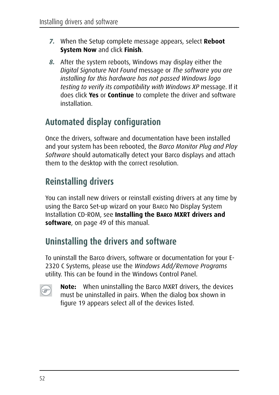 Automated display configuration, Reinstalling drivers, Uninstalling the drivers and software | Barco E-2320 C (SE) User Manual | Page 52 / 104