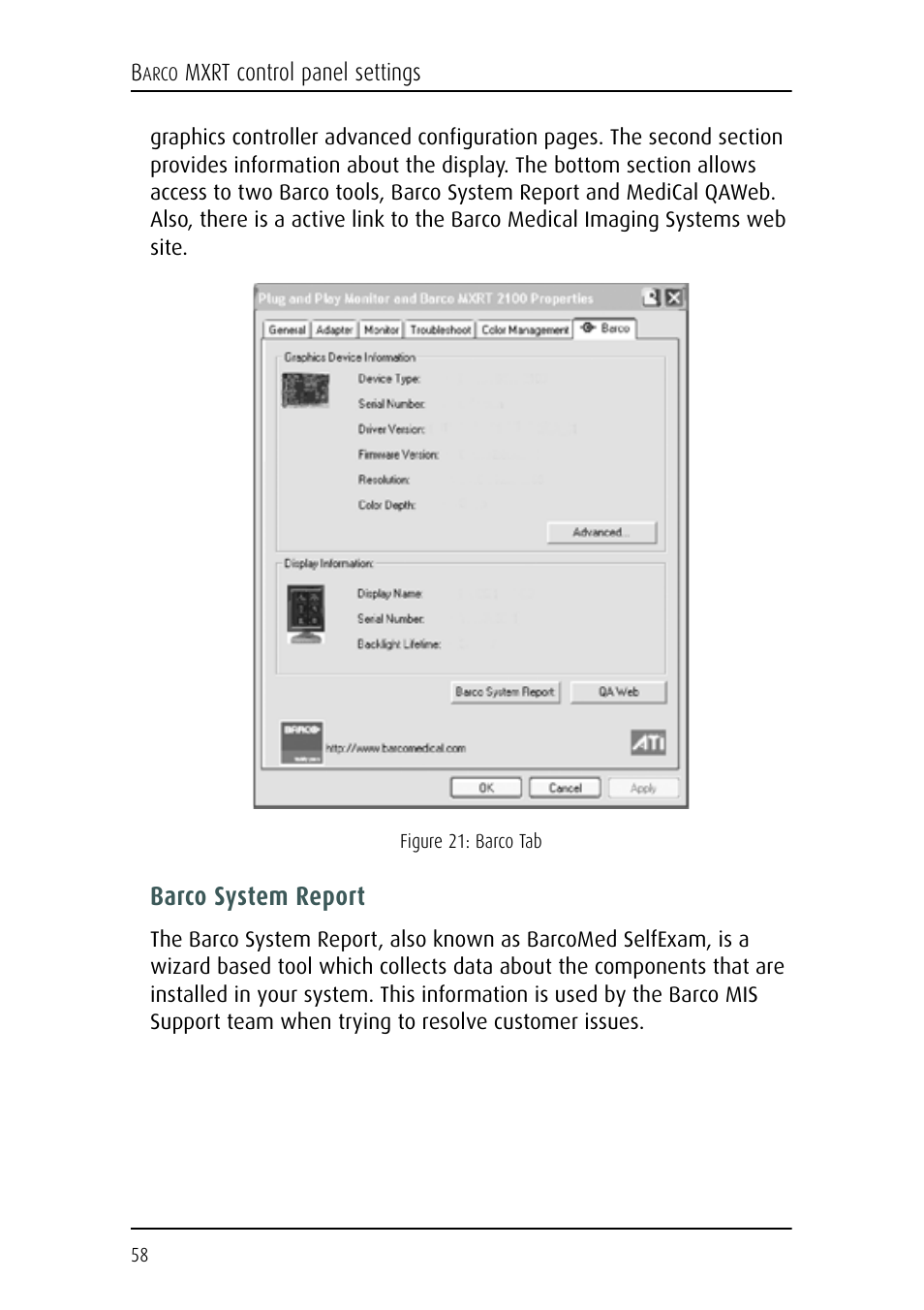 Barco system report | Barco E-2320 C (SE) User Manual | Page 58 / 104