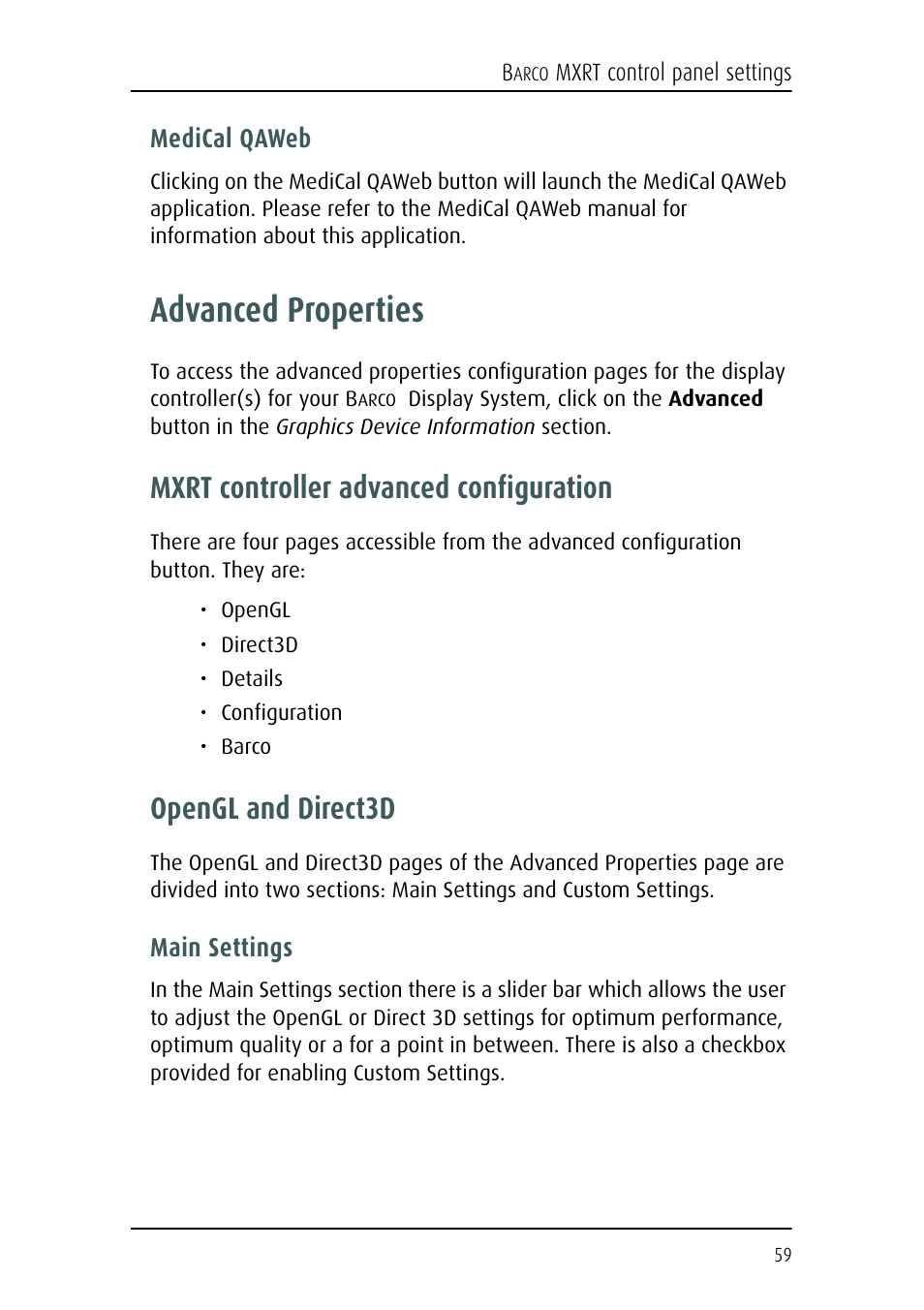 Advanced properties, Mxrt controller advanced configuration, Opengl and direct3d | Barco E-2320 C (SE) User Manual | Page 59 / 104