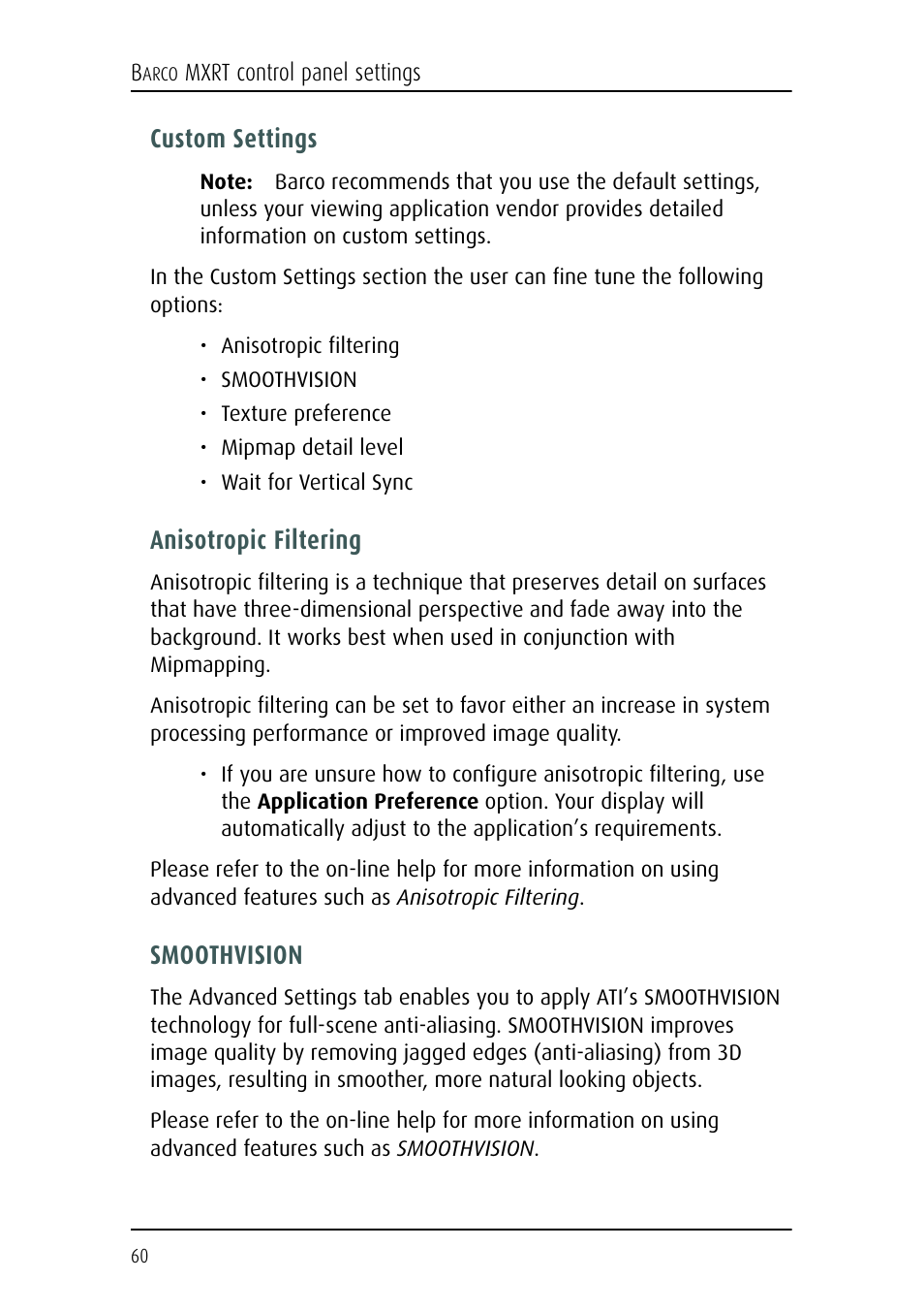 Custom settings, Anisotropic filtering, Smoothvision | Barco E-2320 C (SE) User Manual | Page 60 / 104