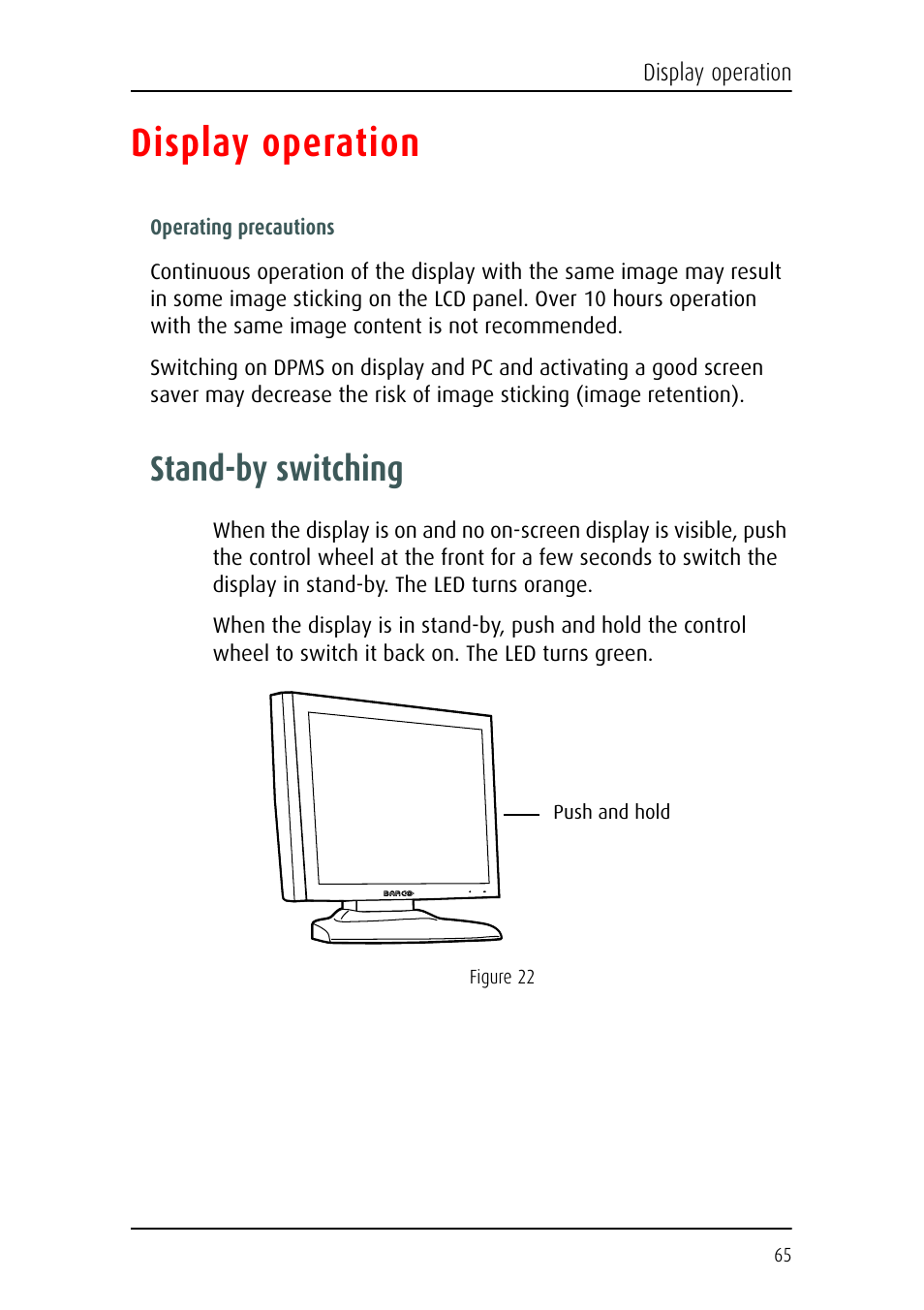 Display operation, Stand-by switching | Barco E-2320 C (SE) User Manual | Page 65 / 104
