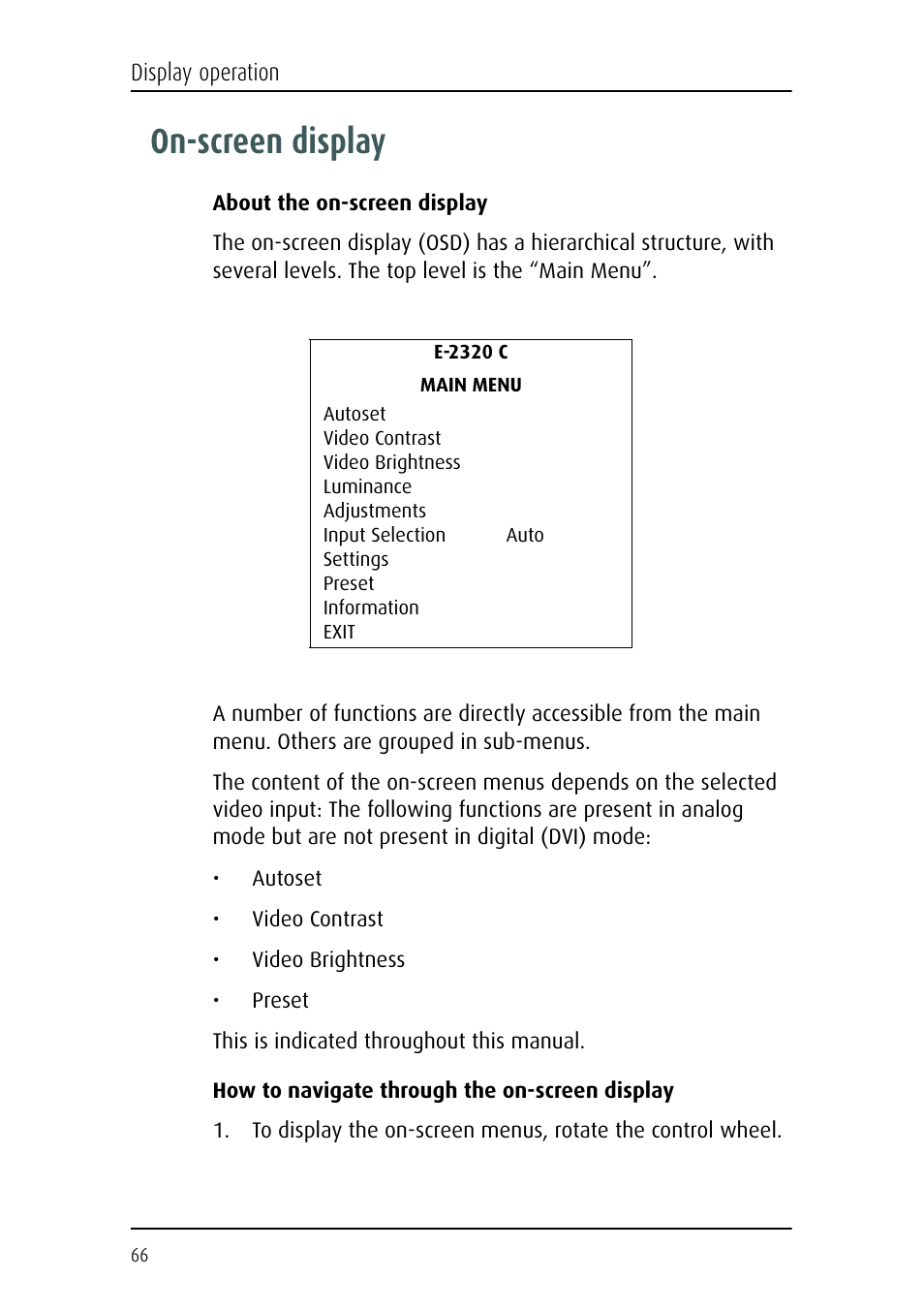 On-screen display | Barco E-2320 C (SE) User Manual | Page 66 / 104