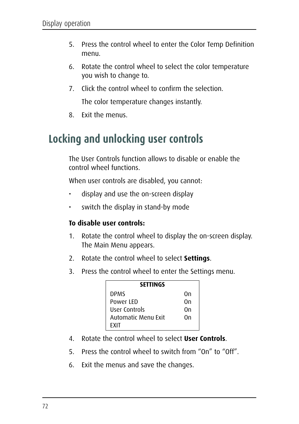 Locking and unlocking user controls | Barco E-2320 C (SE) User Manual | Page 72 / 104