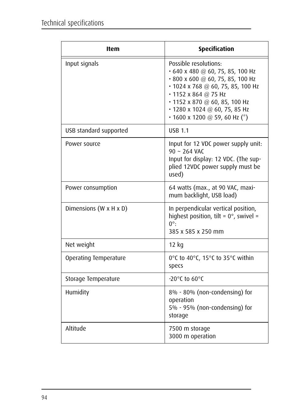 Technical specifications | Barco E-2320 C (SE) User Manual | Page 94 / 104