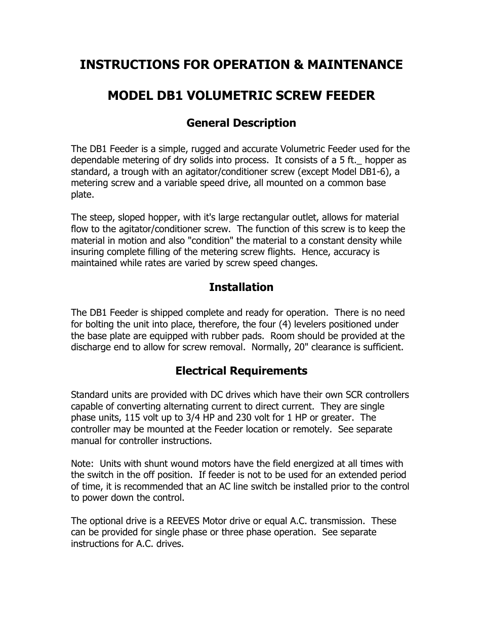 Metalfab Model DBI Volumetric Screw Feeder User Manual | 6 pages