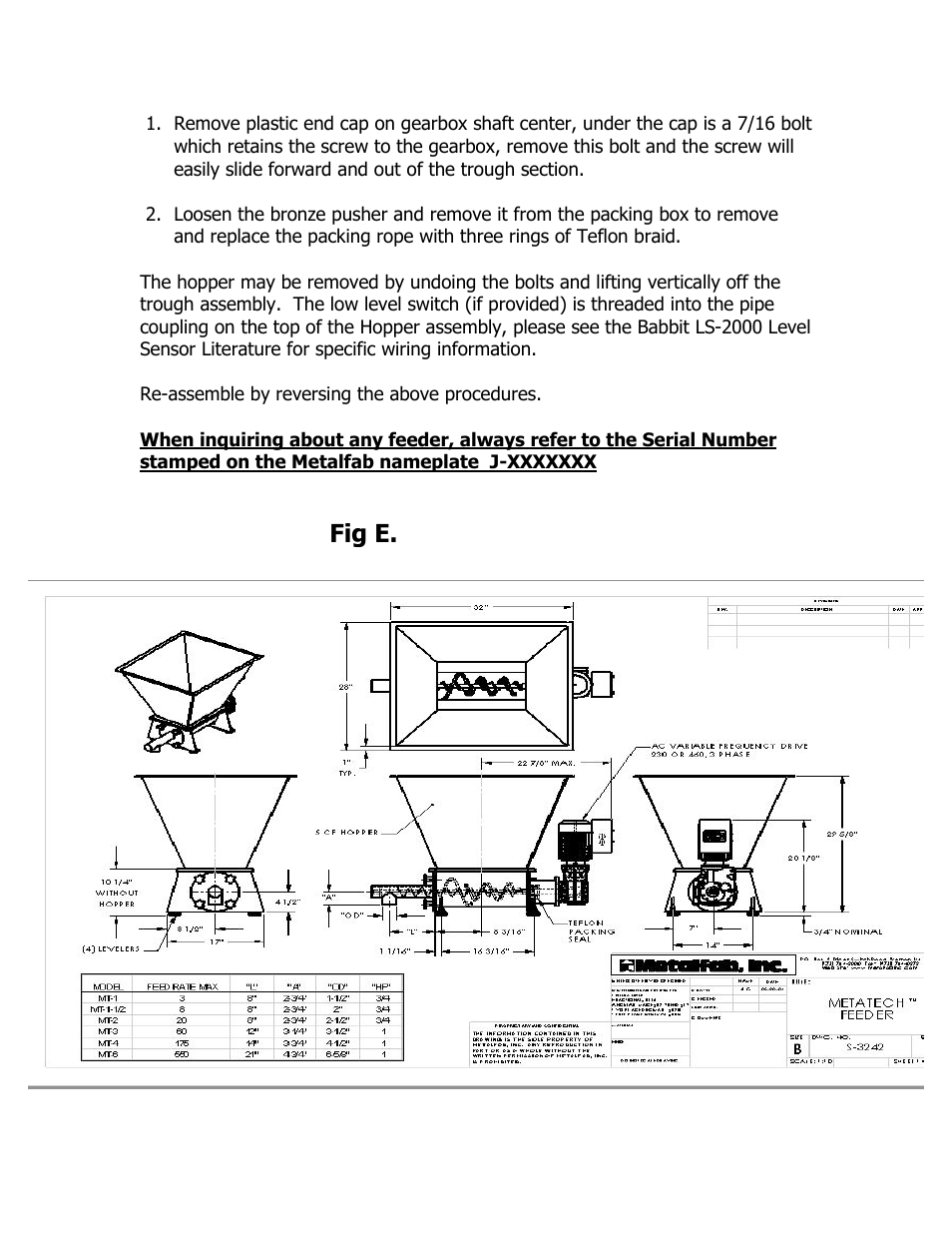 Fig e | Metalfab Metatech MT-X-XXX Series Volumetric Screw Feeder User Manual | Page 8 / 10