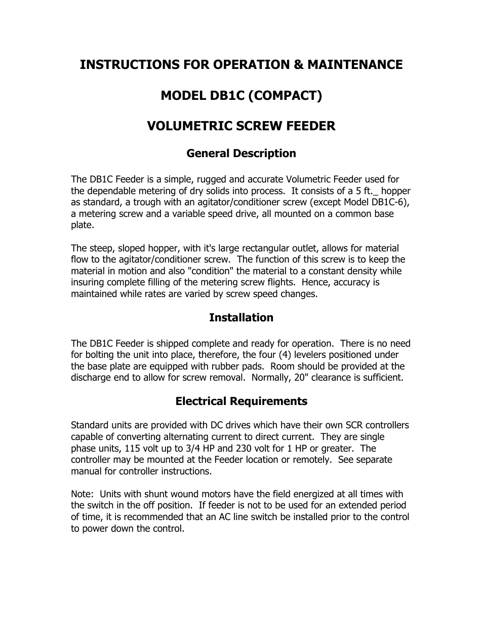 Metalfab Model DBIC (compact) Volumetric Screw Feeder User Manual | 5 pages