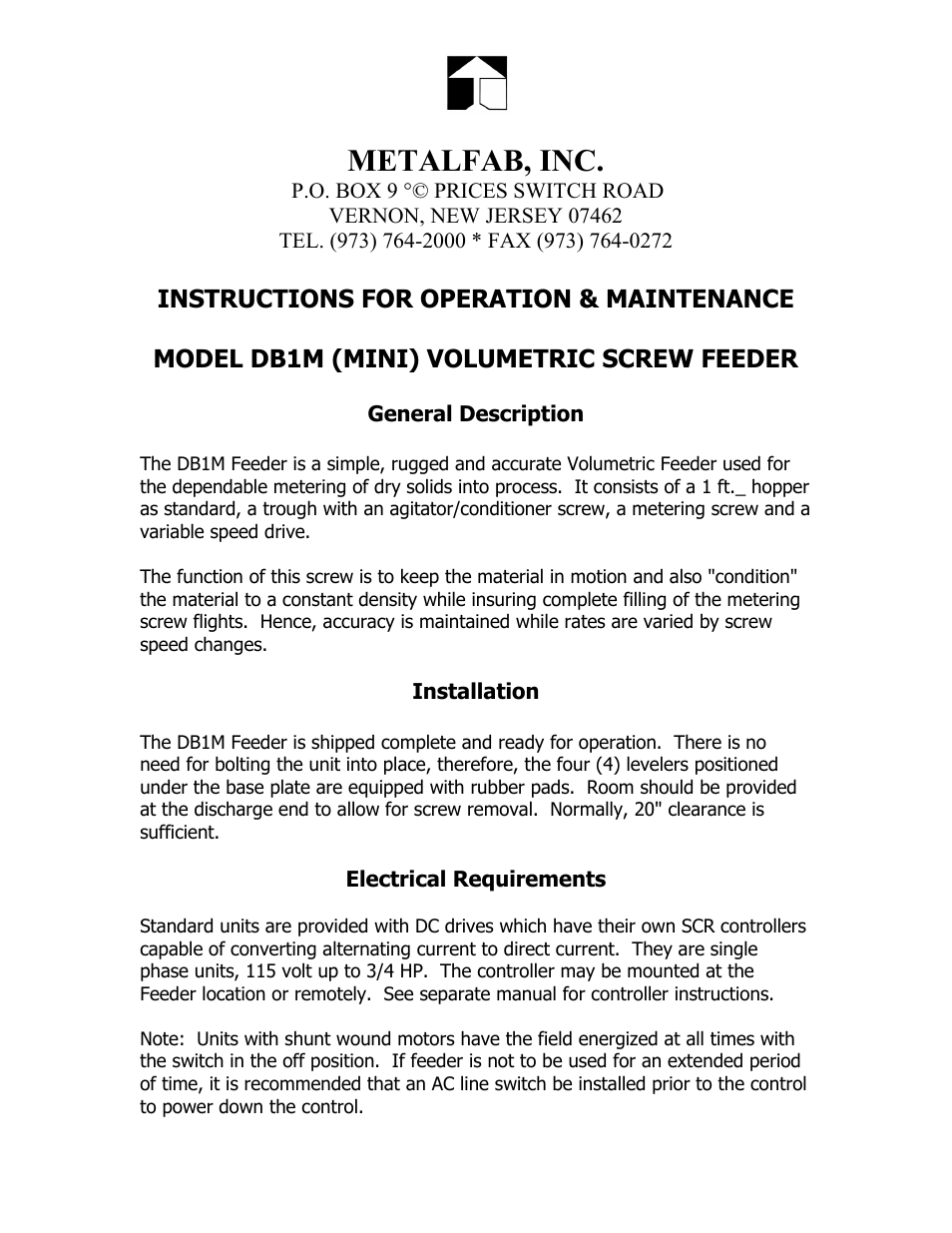 Metalfab Model DBIM (mini) Volumetric Screw Feeder User Manual | 3 pages