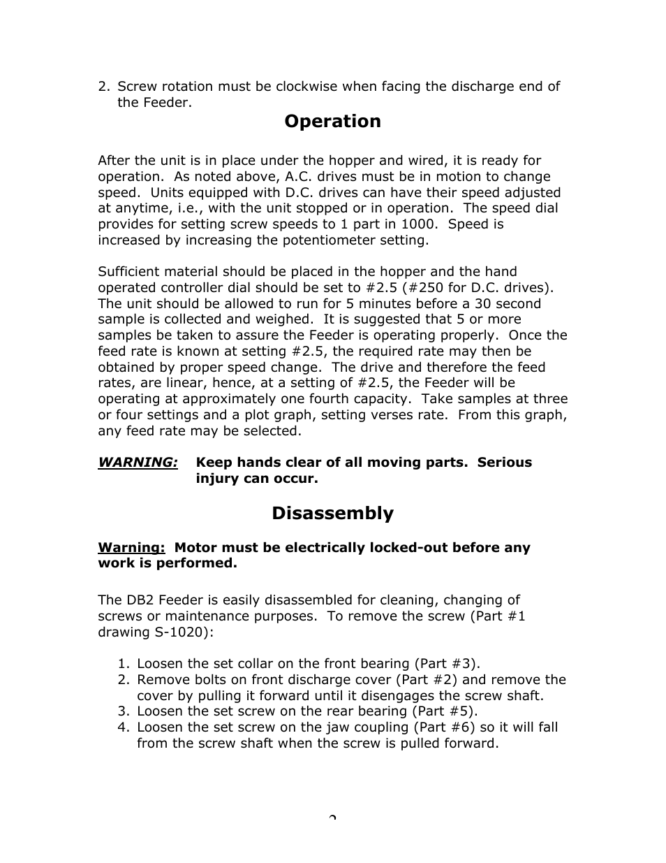 Operation, Disassembly | Metalfab Model DB2 Volumetric Screw Feeder User Manual | Page 2 / 4