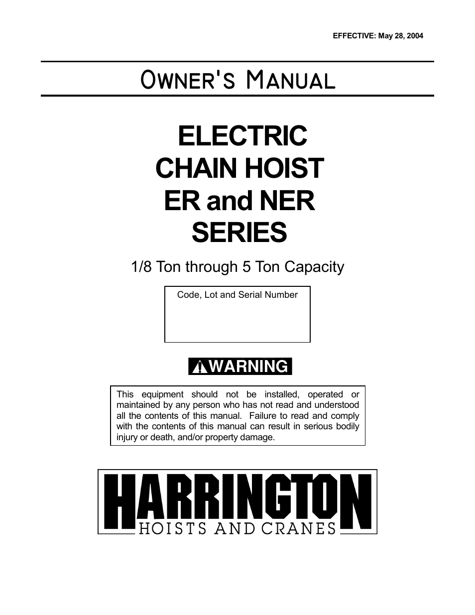 Metalfab Electric Chain Hoist ER and NER Series User Manual | 72 pages