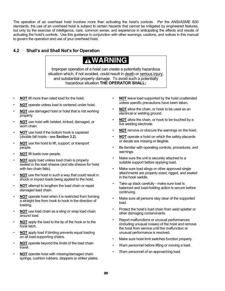 Warning | Metalfab Electric Chain Hoist ER and NER Series User Manual | Page 20 / 72