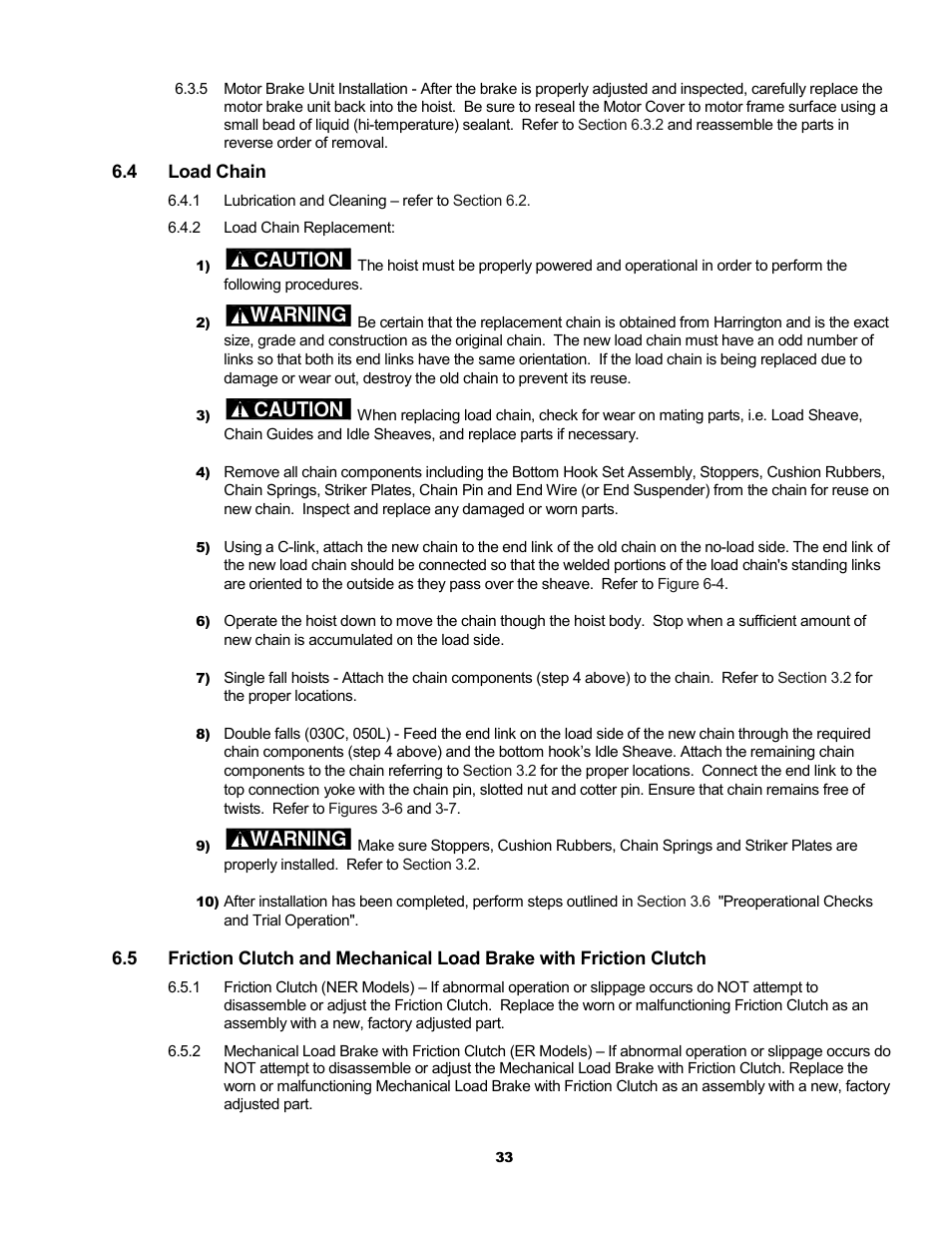 Caution, Warning | Metalfab Electric Chain Hoist ER and NER Series User Manual | Page 33 / 72