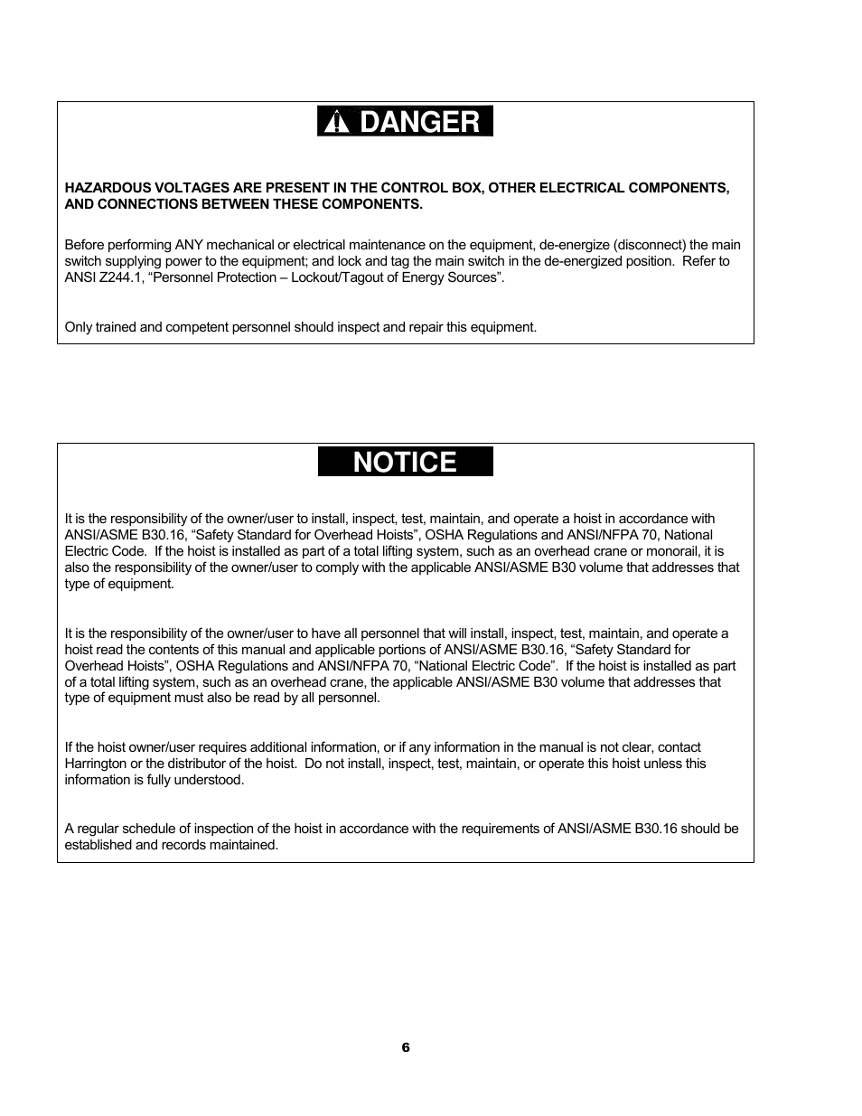 Danger, Notice | Metalfab Electric Chain Hoist ER and NER Series User Manual | Page 6 / 72