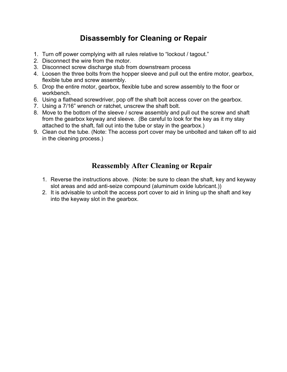 Disassembly for cleaning or repair, Reassembly after cleaning or repair | Metalfab Flexible Screw Conveyor User Manual | Page 3 / 3