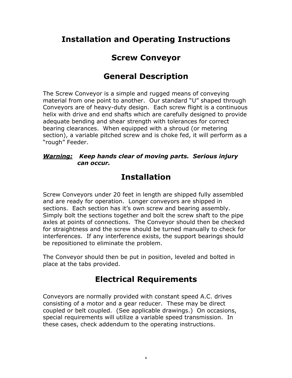 Metalfab Screw Conveyor User Manual | 3 pages