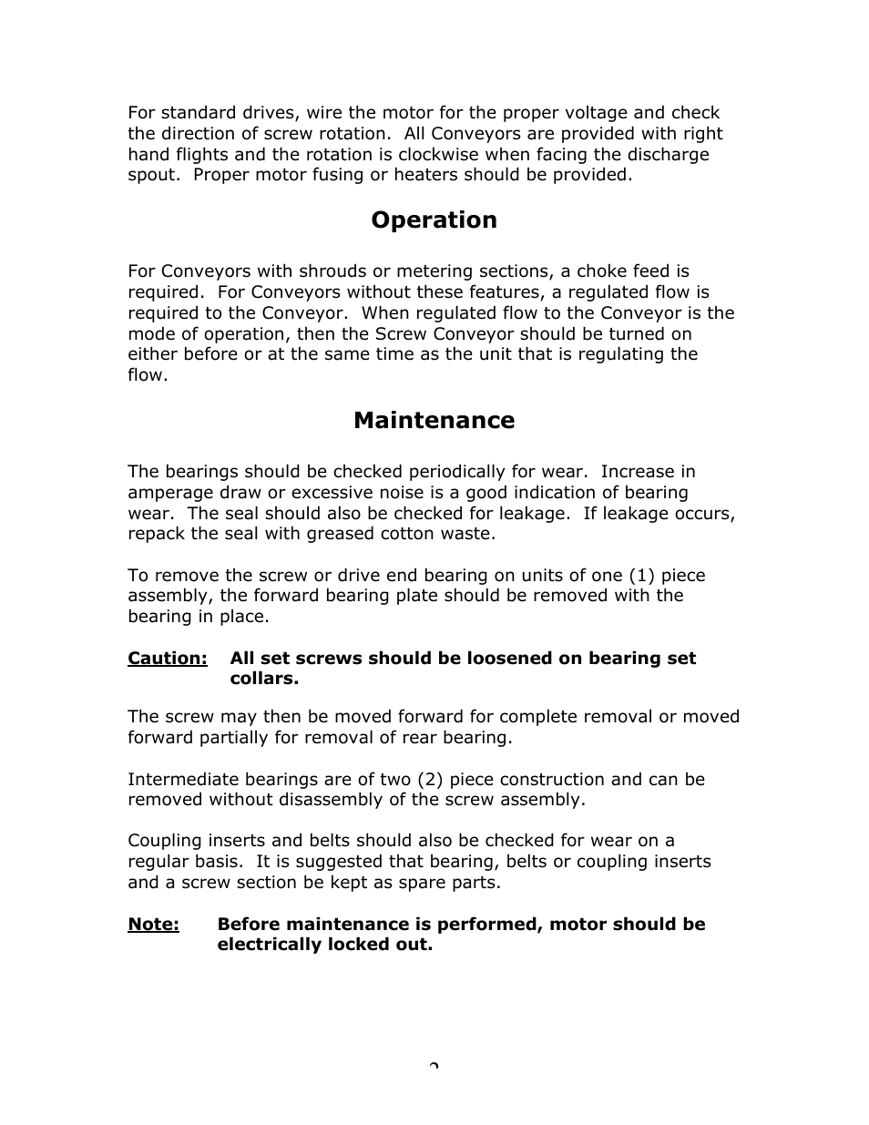 Operation, Maintenance | Metalfab Screw Conveyor User Manual | Page 2 / 3