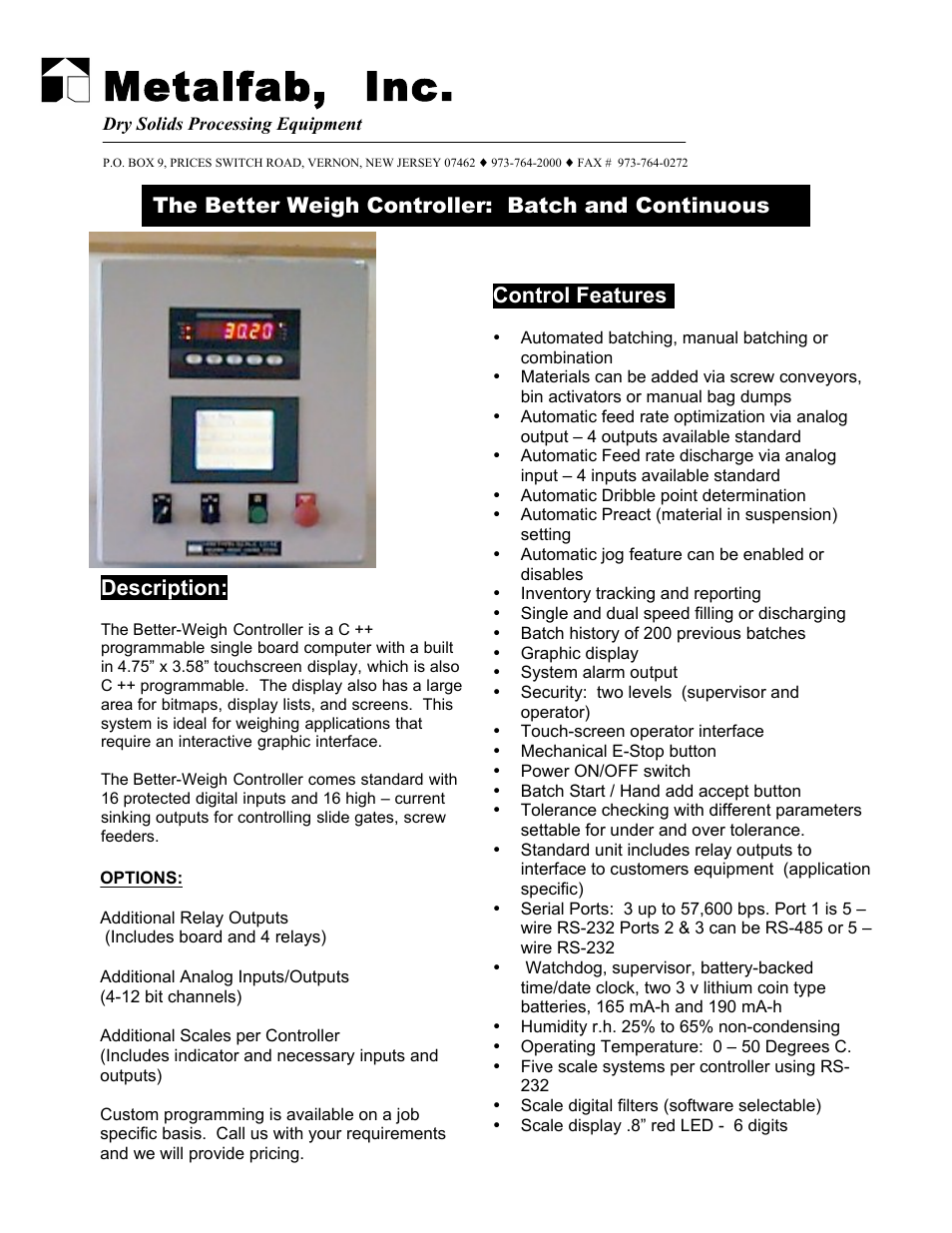 Metalfab The Better Weigh Controller: Batch and Continuous User Manual | 1 page