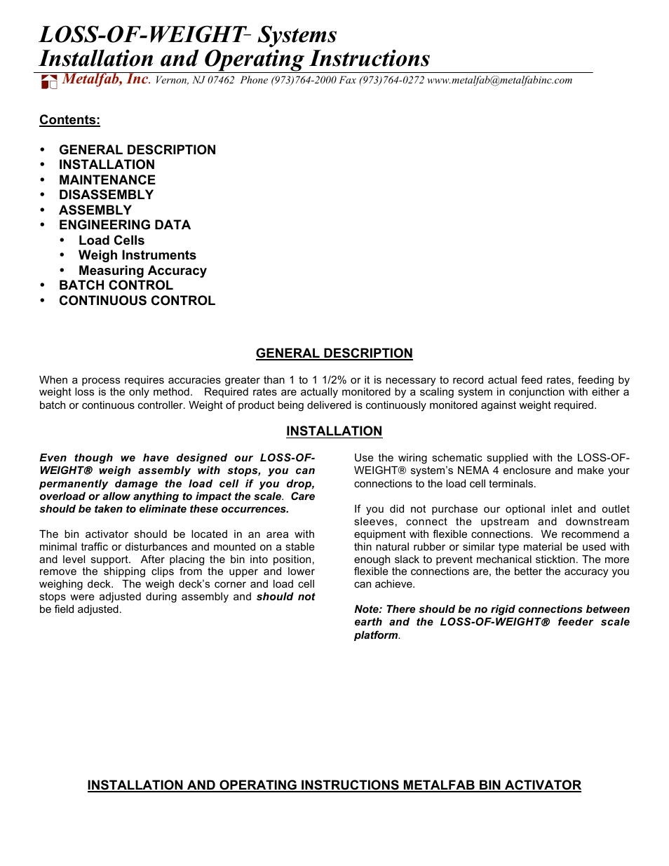 Metalfab Loss of Weight- Scale System User Manual | 8 pages