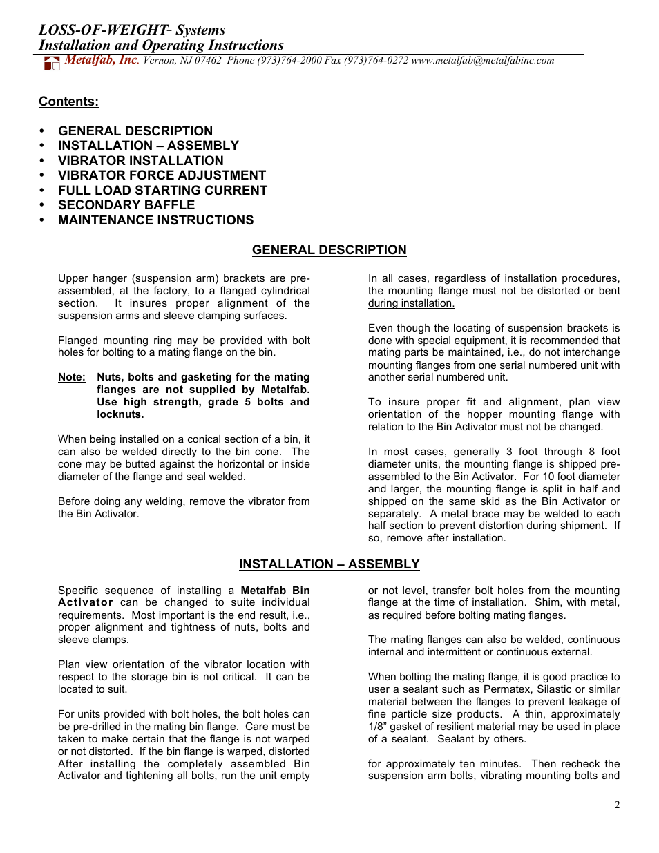 Loss-of-weight, Systems installation and operating instructions | Metalfab Loss of Weight- Scale System User Manual | Page 2 / 8
