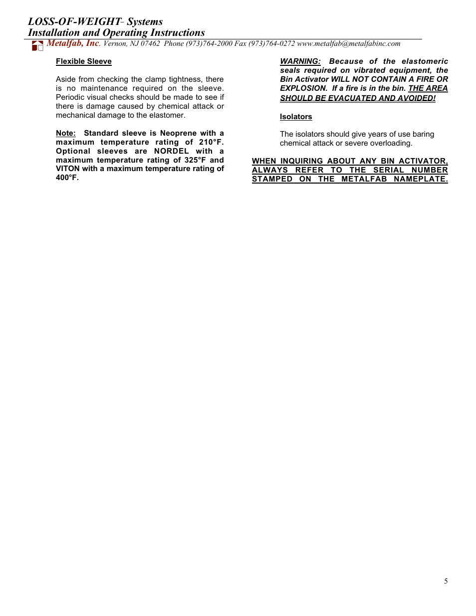 Loss-of-weight, Systems installation and operating instructions | Metalfab Loss of Weight- Scale System User Manual | Page 5 / 8