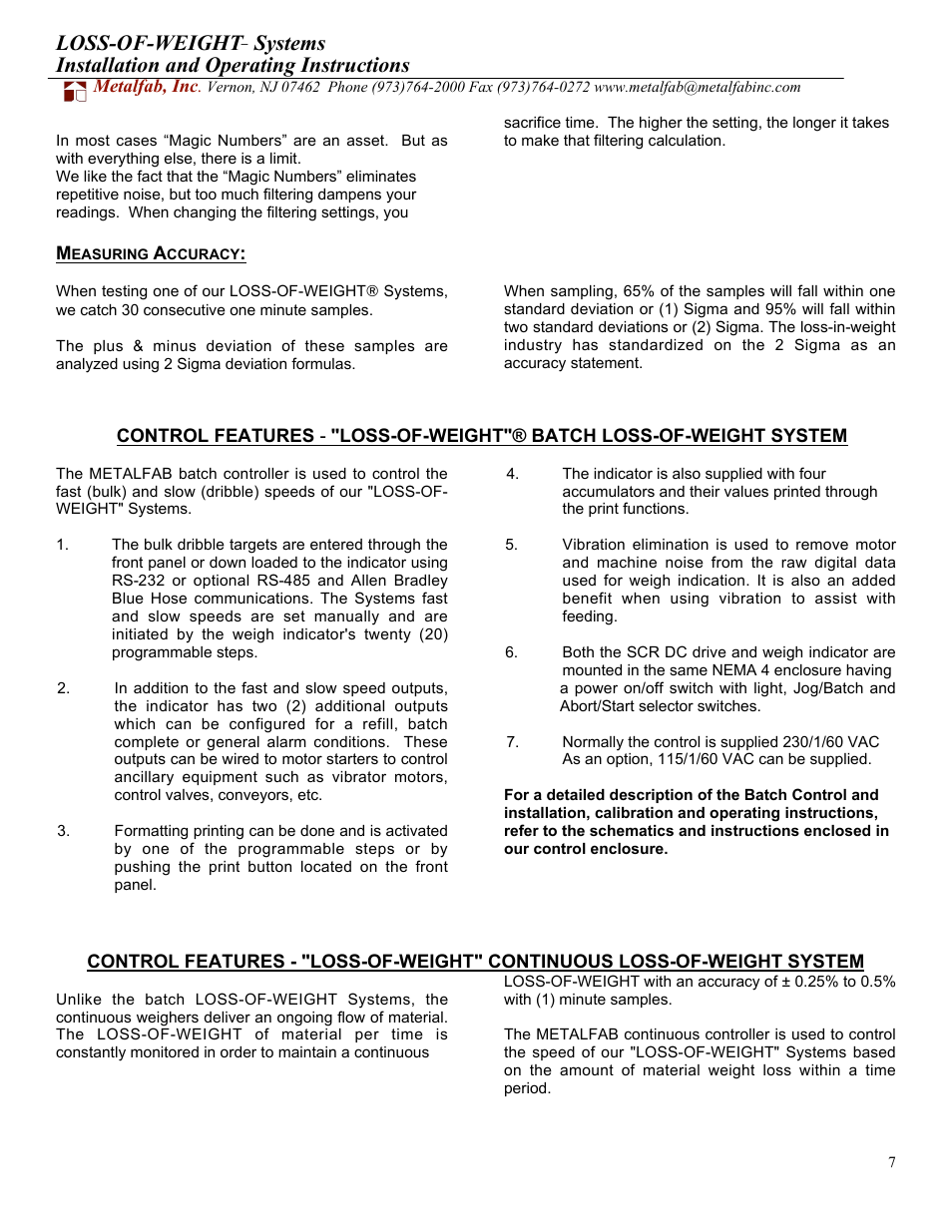 Loss-of-weight, Systems installation and operating instructions | Metalfab Loss of Weight- Scale System User Manual | Page 7 / 8