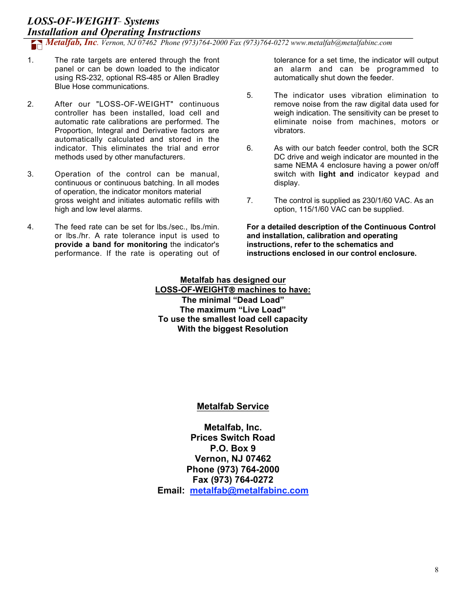 Loss-of-weight, Systems installation and operating instructions | Metalfab Loss of Weight- Scale System User Manual | Page 8 / 8