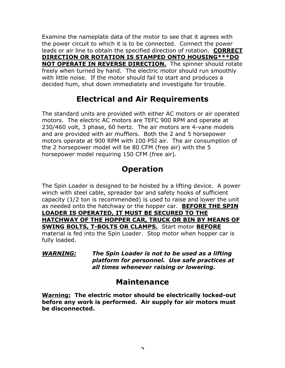 Electrical and air requirements, Operation, Maintenance | Metalfab Spinloader User Manual | Page 2 / 3