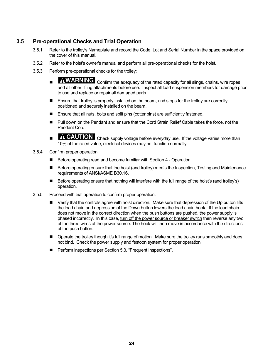 Warning, Caution | Metalfab Motorized Trolley MR Series User Manual | Page 24 / 64