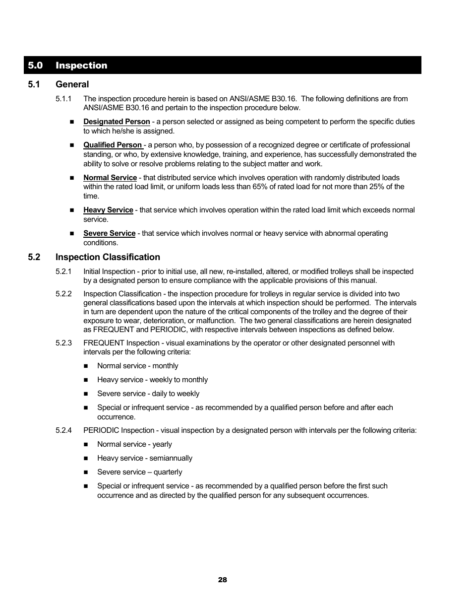 0 inspection 5.1 general, 2 inspection classification | Metalfab Motorized Trolley MR Series User Manual | Page 28 / 64