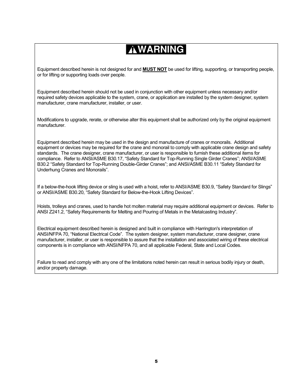 Warning | Metalfab Motorized Trolley MR Series User Manual | Page 5 / 64