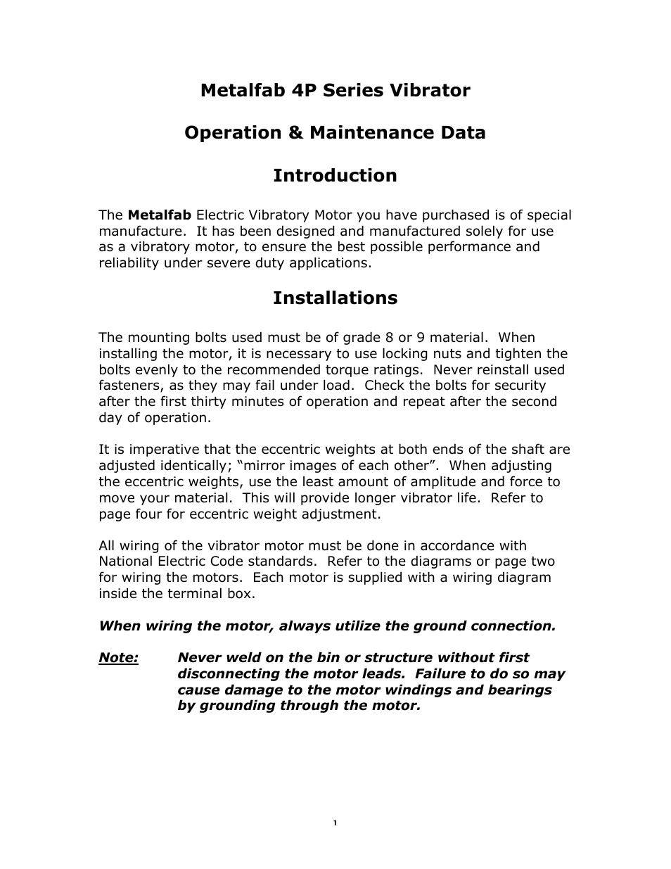 Metalfab 4P Series Vibrator User Manual | 5 pages