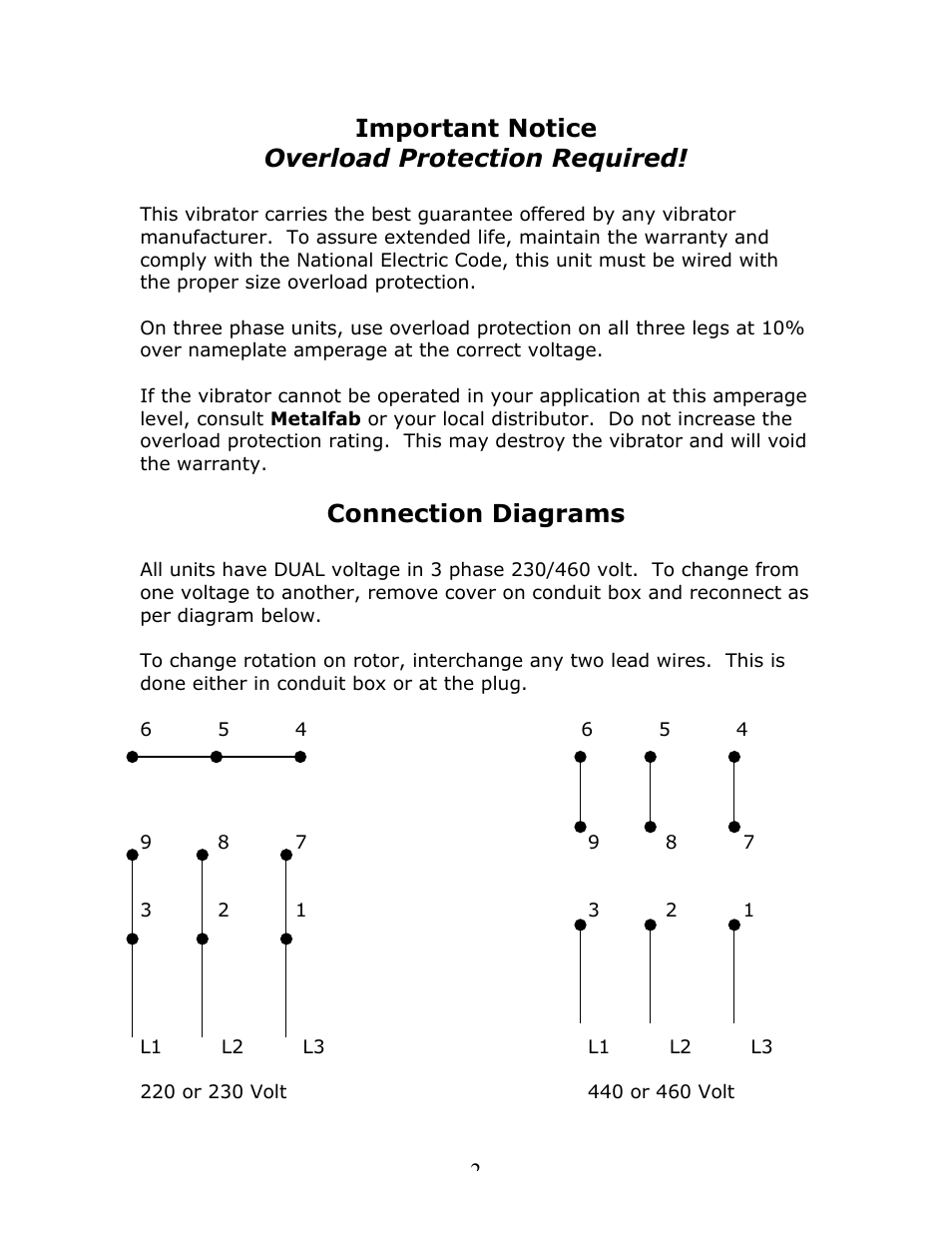 Important notice overload protection required, Connection diagrams | Metalfab 4P Series Vibrator User Manual | Page 2 / 5