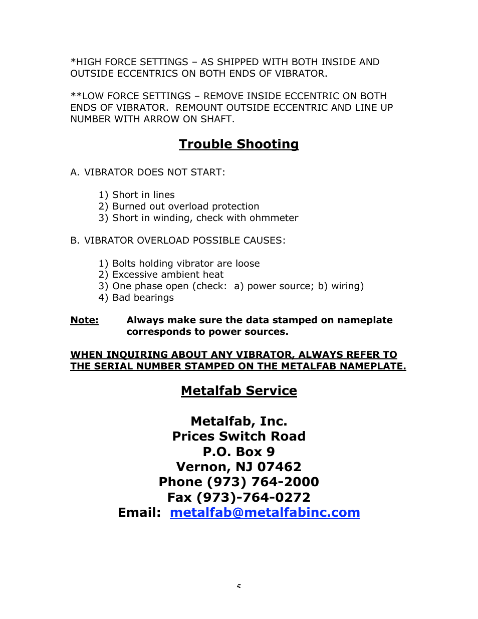 Trouble shooting | Metalfab 4P Series Vibrator User Manual | Page 5 / 5